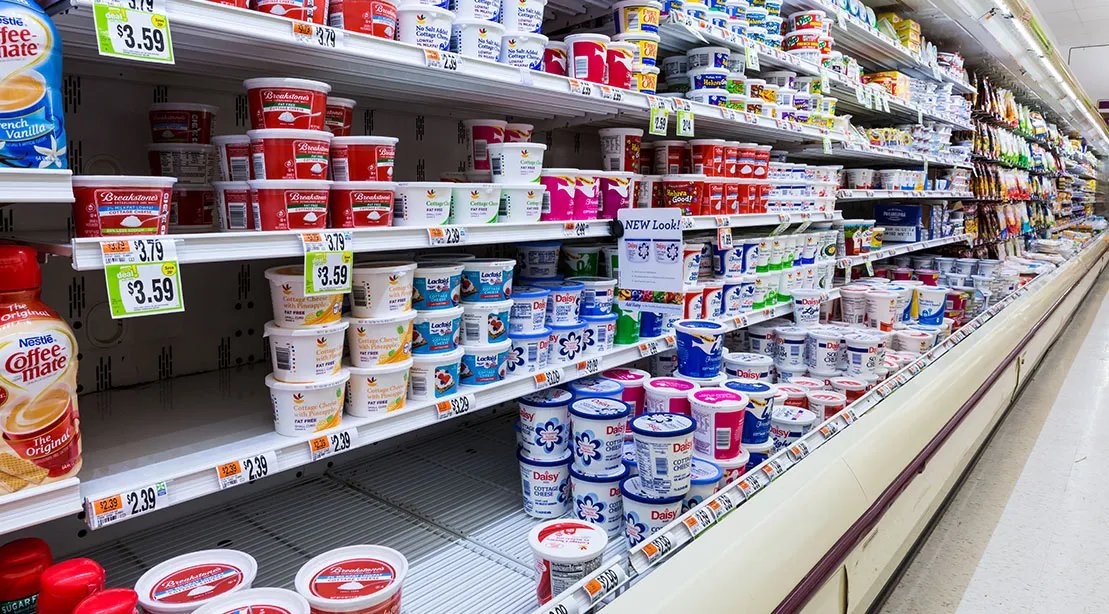 Cottage cheese section in the dairy aisle at the supermarket