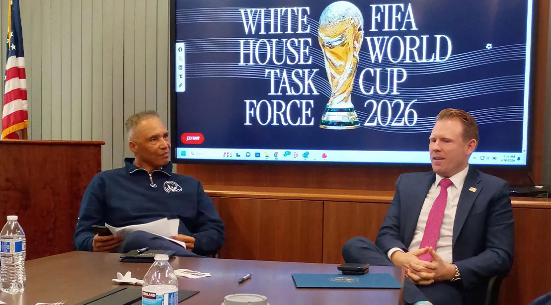 Rob Wilkins listening on a presentation from. Andrew Giuliani, Executive Director of the White House Task Force for FIFA World Cup 2026