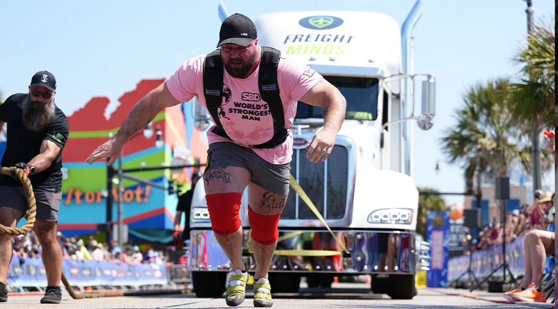 Strongman competitor and two time strongman champ Mitchell Hooper pulling a mac truck at the 2026 strongman competition
