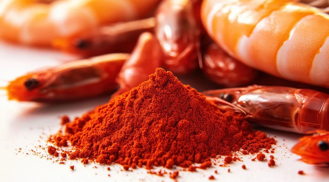 astaxanthin powder next to it sources including shrimp and salmon