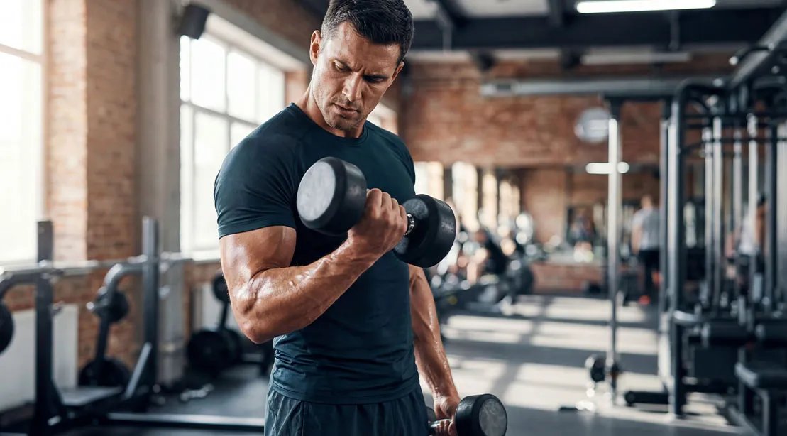 Muscular fit man performing dumbbell curls at the gym for muscle building gains