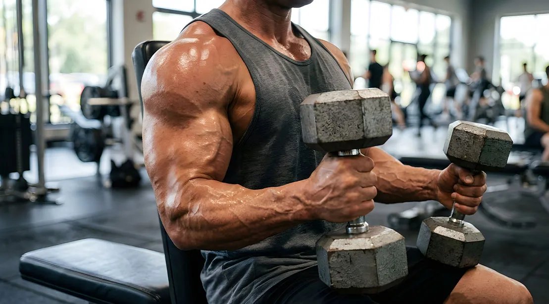 Muscular physique holding heavy dumbbells for a bicep workout